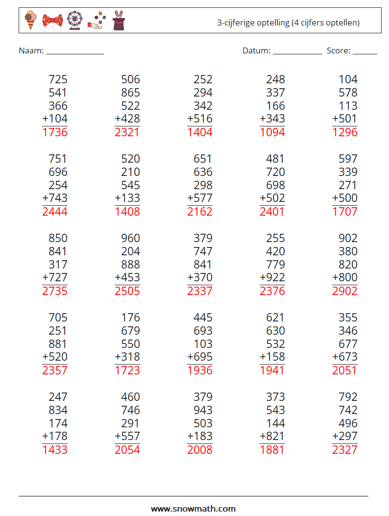 (25) 3-cijferige optelling (4 cijfers optellen) Wiskundige werkbladen 6 Vraag, Antwoord