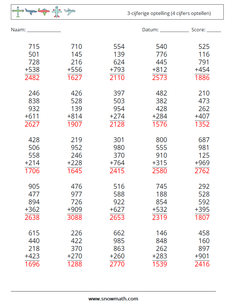 (25) 3-cijferige optelling (4 cijfers optellen) Wiskundige werkbladen 7 Vraag, Antwoord