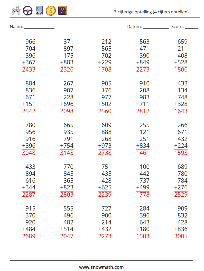 (25) 3-cijferige optelling (4 cijfers optellen) Wiskundige werkbladen 8 Vraag, Antwoord