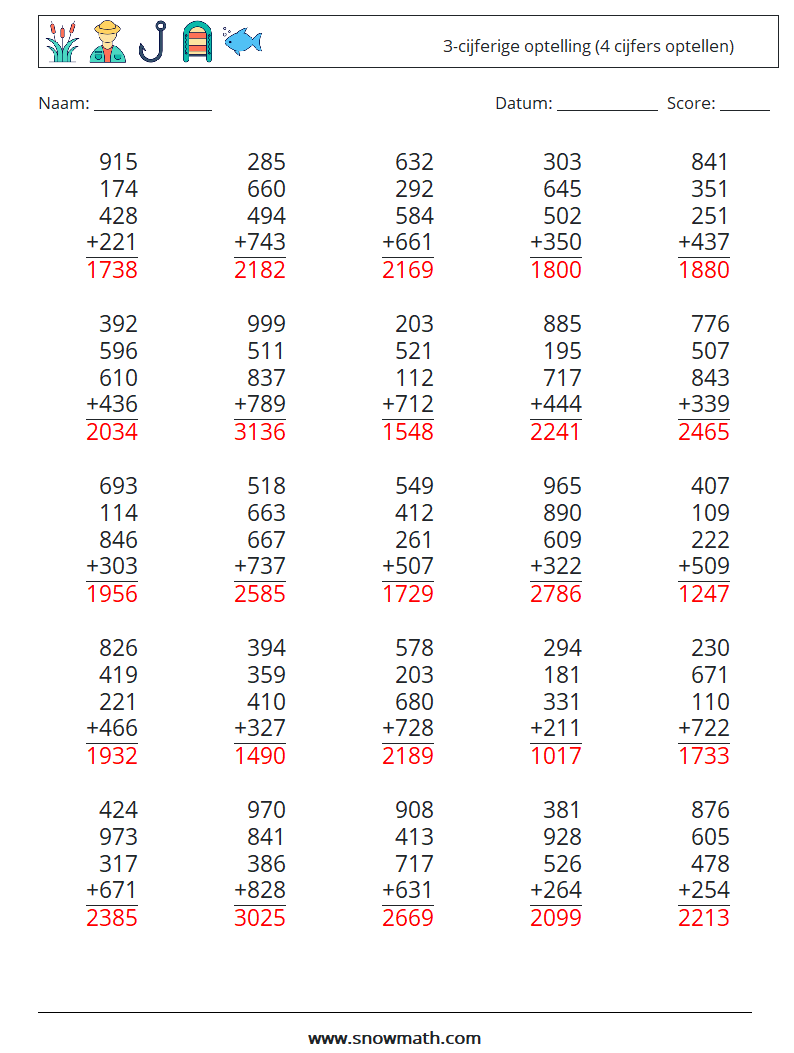 (25) 3-cijferige optelling (4 cijfers optellen) Wiskundige werkbladen 9 Vraag, Antwoord