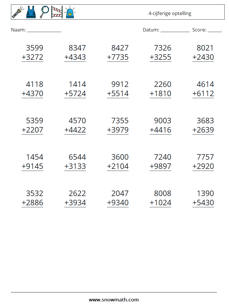 (25) 4-cijferige optelling Wiskundige werkbladen 10