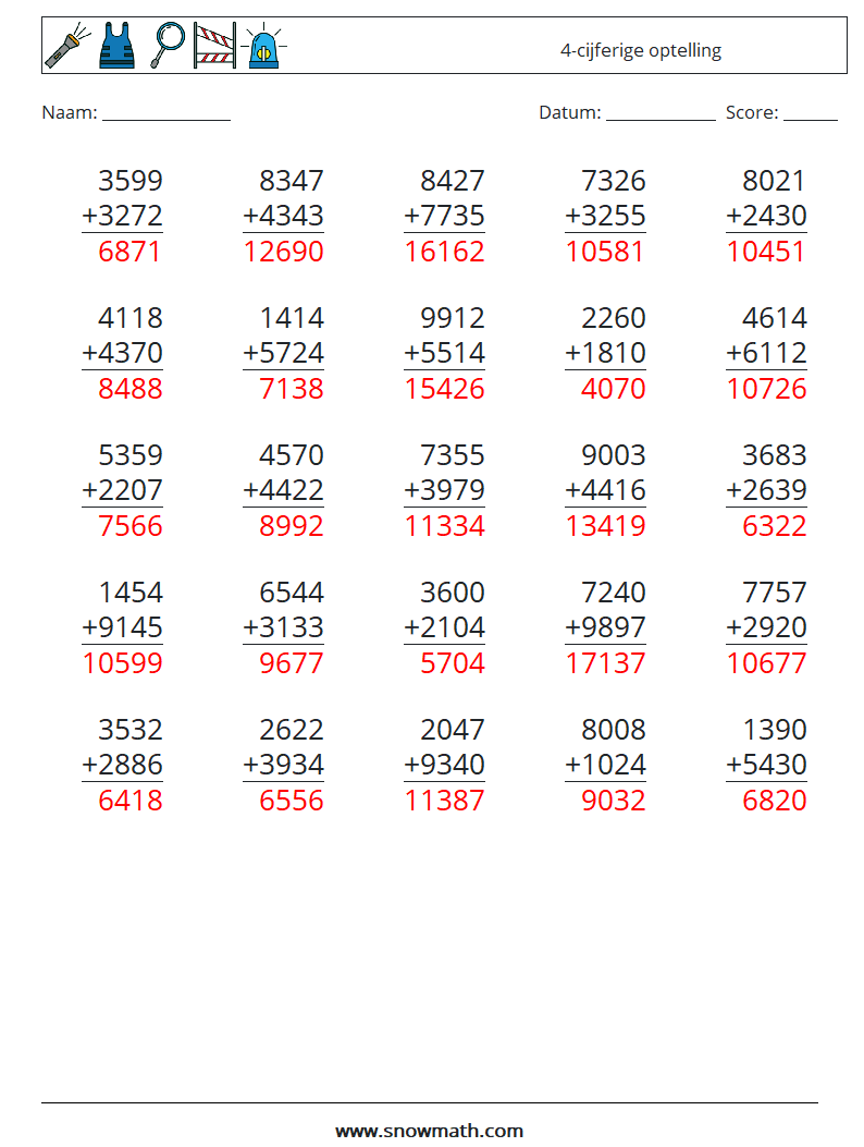 (25) 4-cijferige optelling Wiskundige werkbladen 10 Vraag, Antwoord