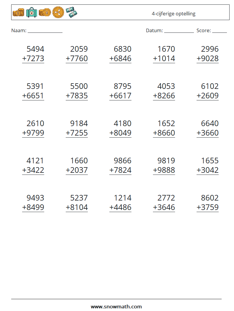 (25) 4-cijferige optelling Wiskundige werkbladen 11