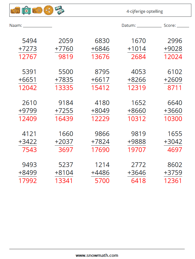 (25) 4-cijferige optelling Wiskundige werkbladen 11 Vraag, Antwoord