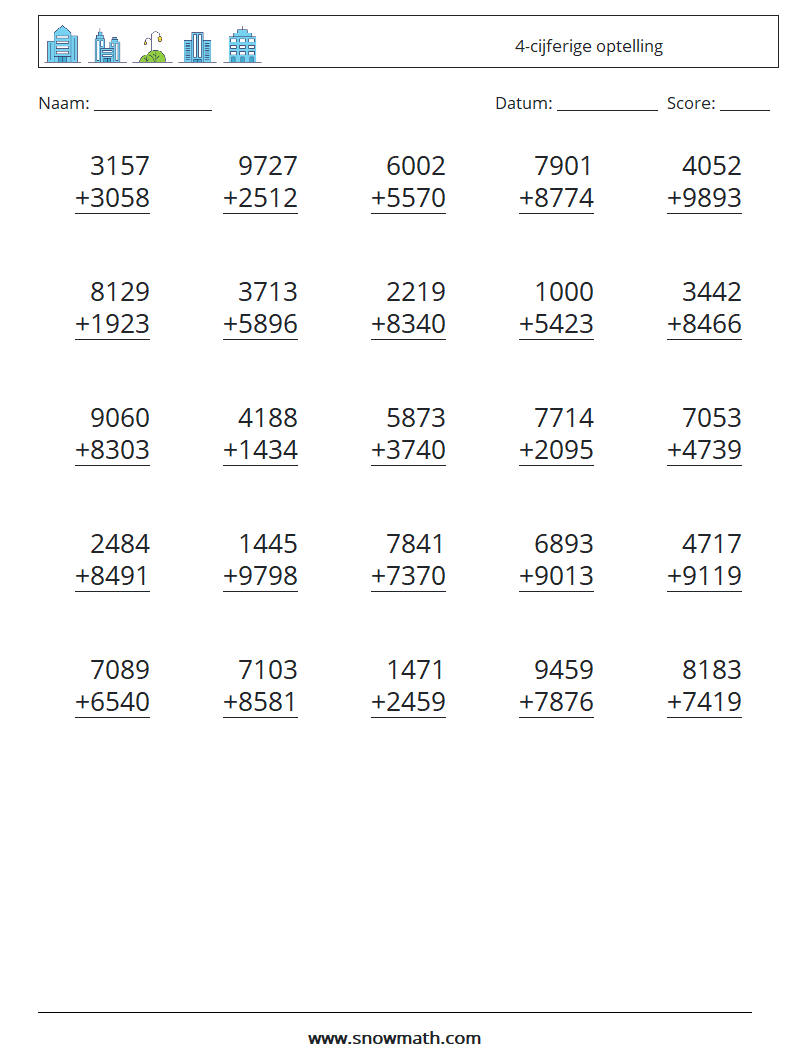 (25) 4-cijferige optelling Wiskundige werkbladen 12