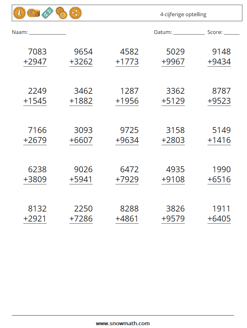 (25) 4-cijferige optelling Wiskundige werkbladen 13