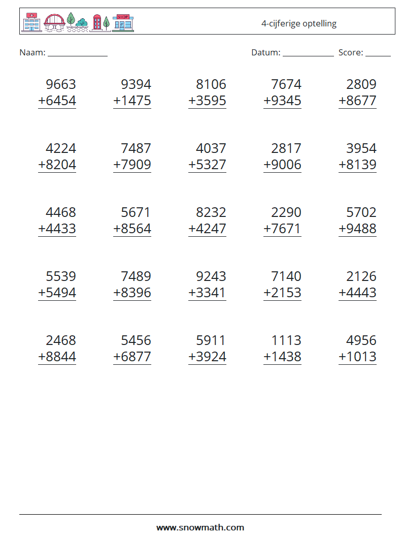 (25) 4-cijferige optelling Wiskundige werkbladen 14