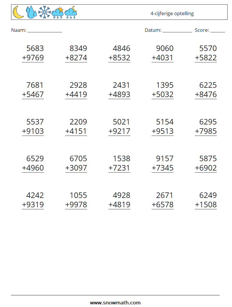 (25) 4-cijferige optelling Wiskundige werkbladen 15