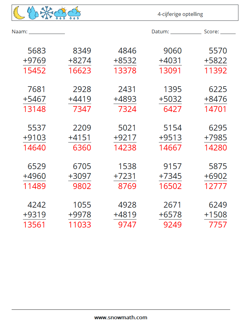 (25) 4-cijferige optelling Wiskundige werkbladen 15 Vraag, Antwoord