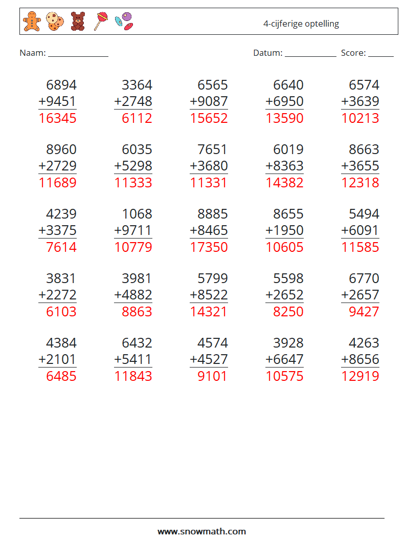 (25) 4-cijferige optelling Wiskundige werkbladen 17 Vraag, Antwoord