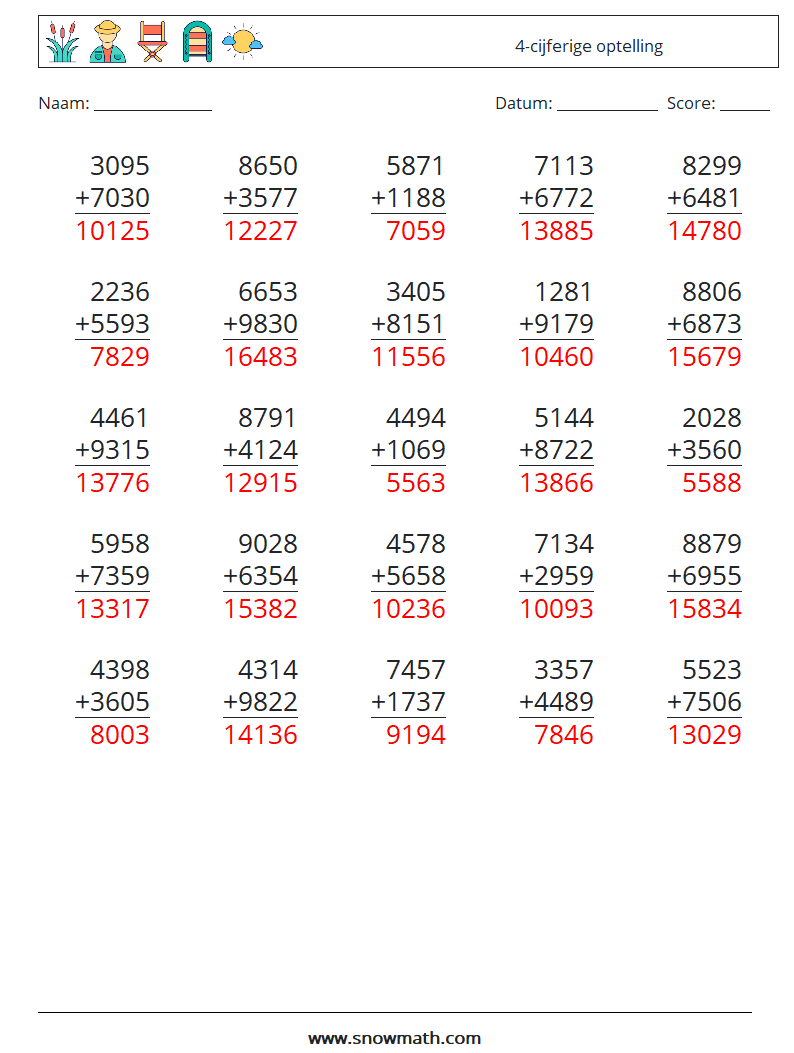 (25) 4-cijferige optelling Wiskundige werkbladen 1 Vraag, Antwoord