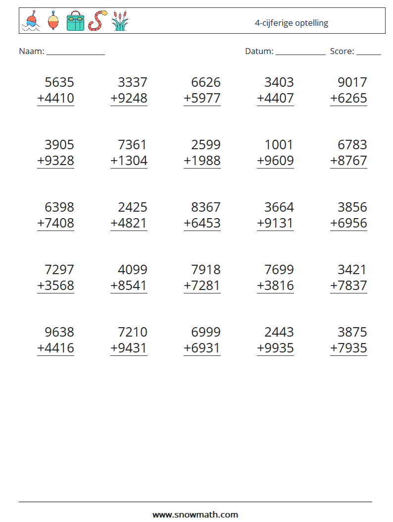 (25) 4-cijferige optelling Wiskundige werkbladen 2