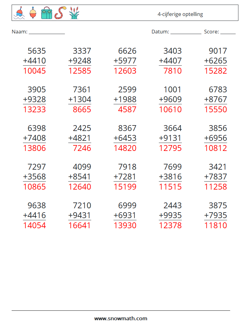 (25) 4-cijferige optelling Wiskundige werkbladen 2 Vraag, Antwoord