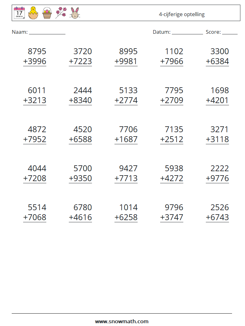 (25) 4-cijferige optelling Wiskundige werkbladen 3