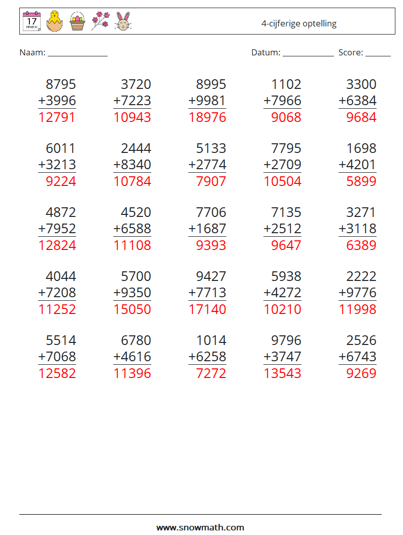 (25) 4-cijferige optelling Wiskundige werkbladen 3 Vraag, Antwoord