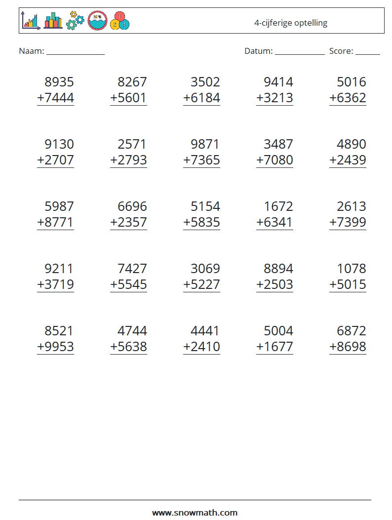 (25) 4-cijferige optelling Wiskundige werkbladen 4