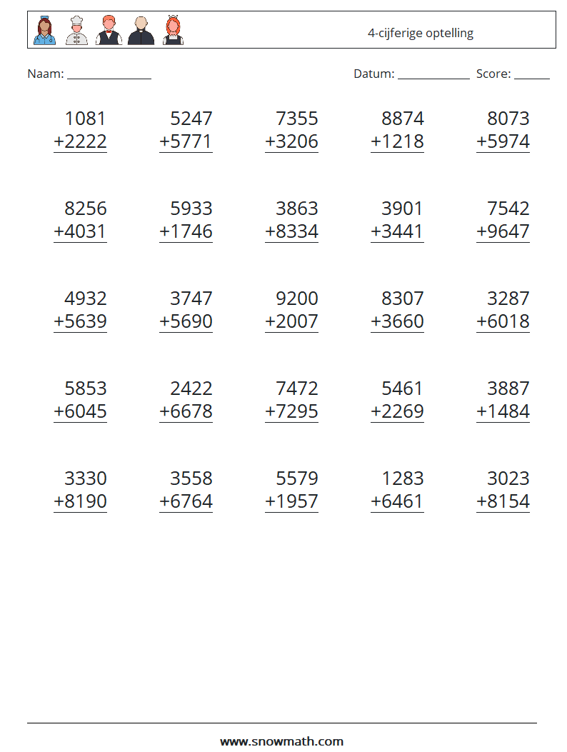 (25) 4-cijferige optelling Wiskundige werkbladen 5