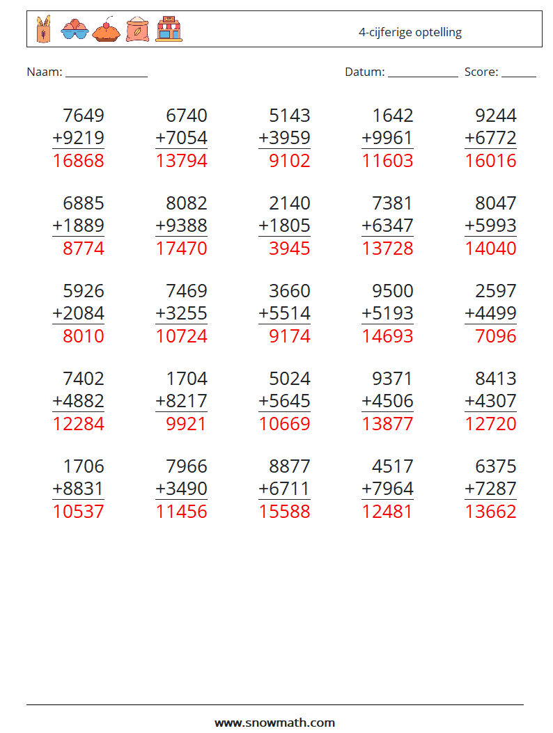 (25) 4-cijferige optelling Wiskundige werkbladen 6 Vraag, Antwoord