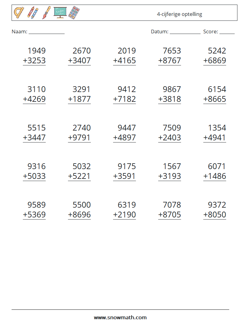 (25) 4-cijferige optelling Wiskundige werkbladen 8