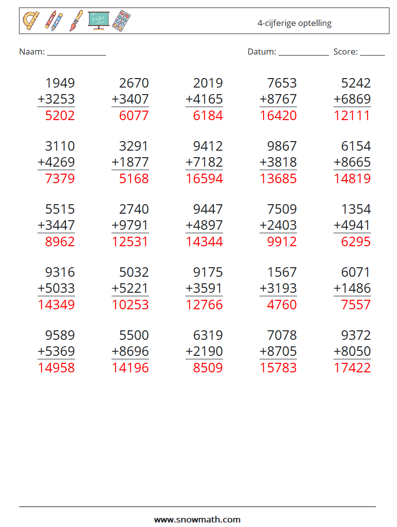 (25) 4-cijferige optelling Wiskundige werkbladen 8 Vraag, Antwoord