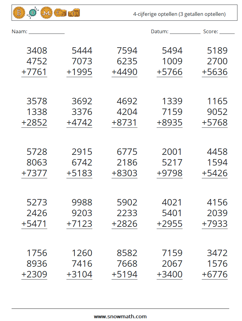 (25) 4-cijferige optellen (3 getallen optellen) Wiskundige werkbladen 1