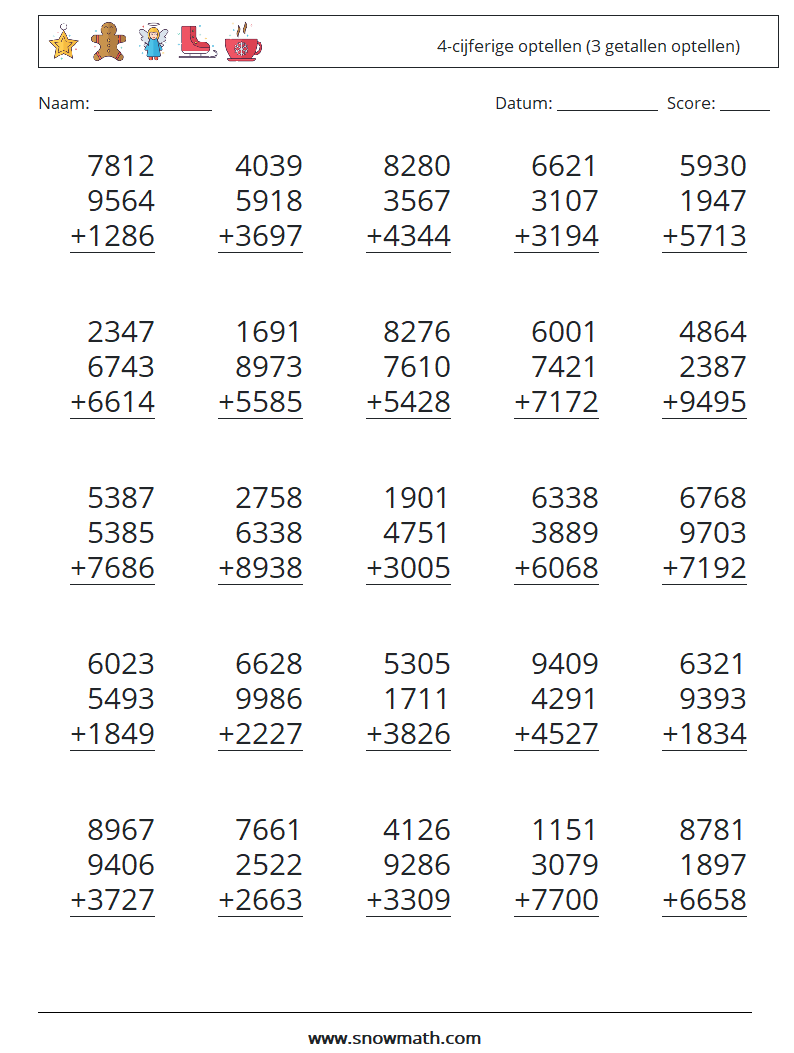 (25) 4-cijferige optellen (3 getallen optellen) Wiskundige werkbladen 10