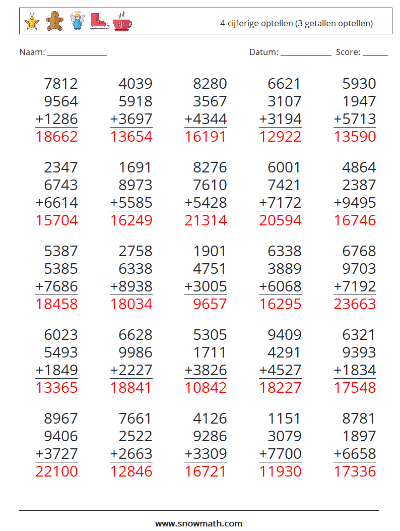 (25) 4-cijferige optellen (3 getallen optellen) Wiskundige werkbladen 10 Vraag, Antwoord