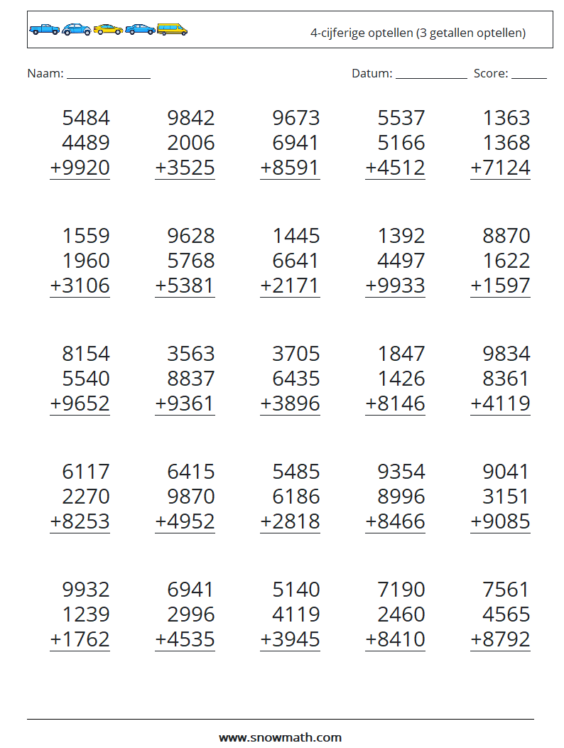 (25) 4-cijferige optellen (3 getallen optellen) Wiskundige werkbladen 11