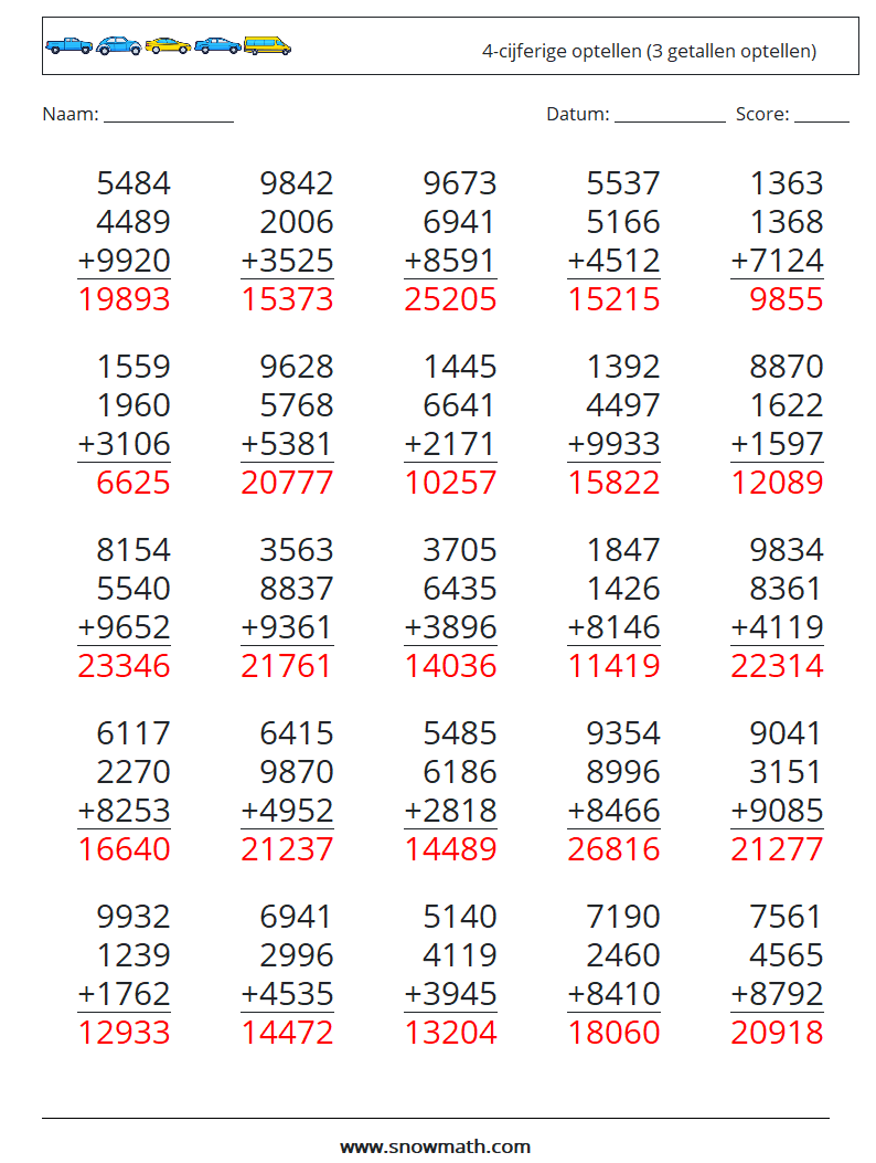 (25) 4-cijferige optellen (3 getallen optellen) Wiskundige werkbladen 11 Vraag, Antwoord