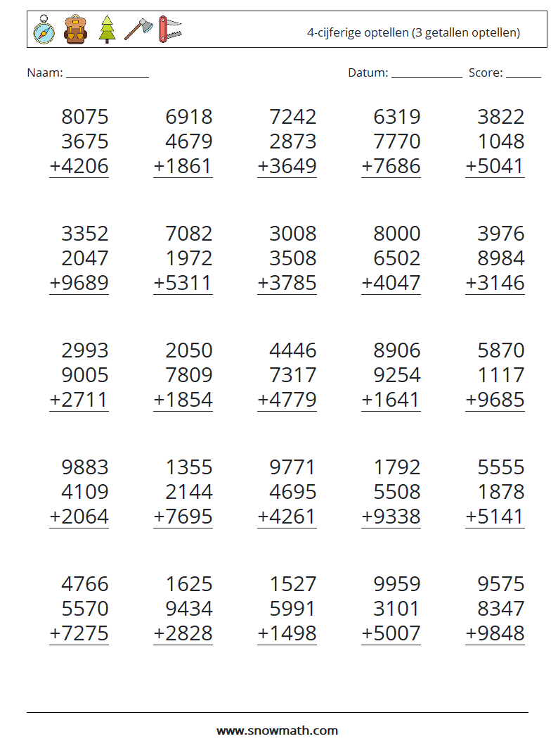 (25) 4-cijferige optellen (3 getallen optellen) Wiskundige werkbladen 12