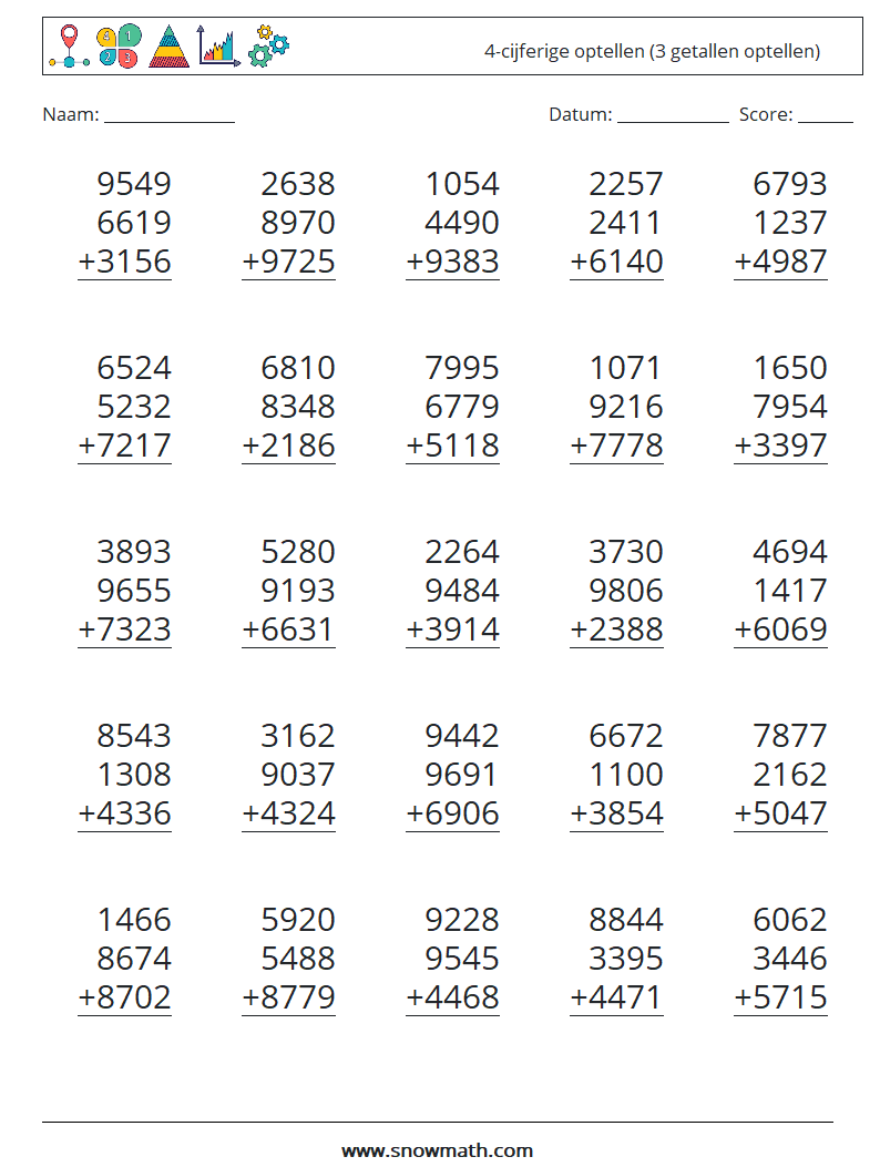 (25) 4-cijferige optellen (3 getallen optellen) Wiskundige werkbladen 13