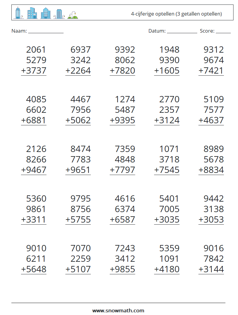 (25) 4-cijferige optellen (3 getallen optellen) Wiskundige werkbladen 14