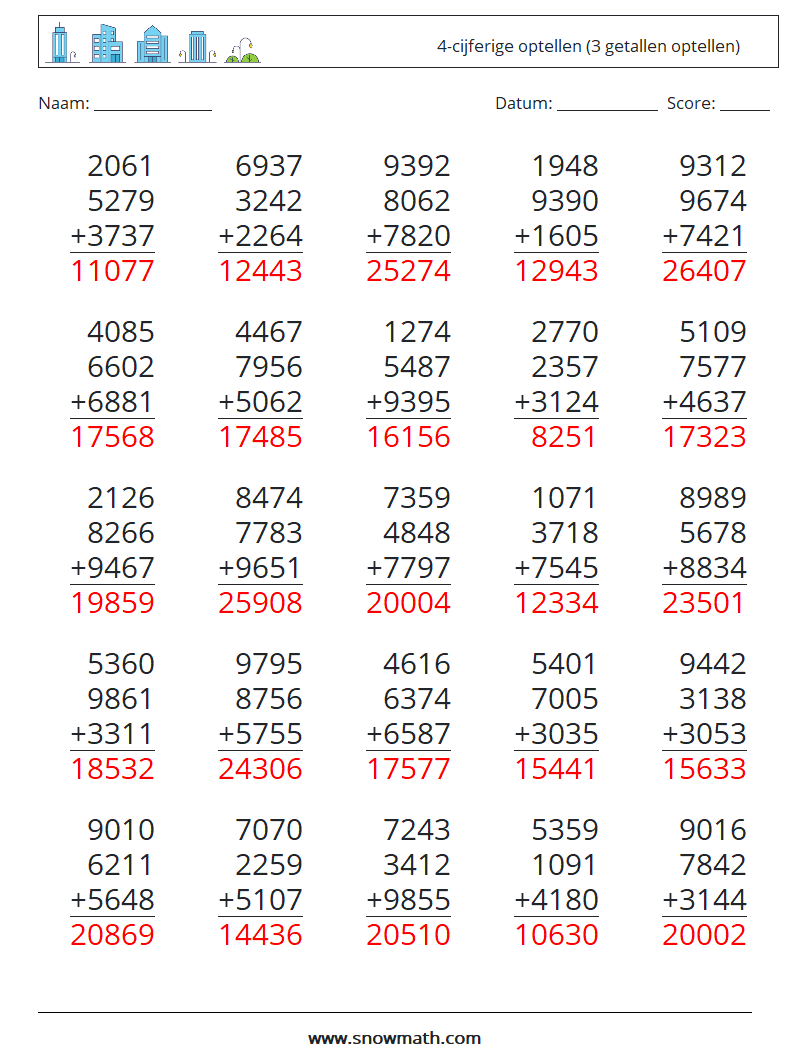 (25) 4-cijferige optellen (3 getallen optellen) Wiskundige werkbladen 14 Vraag, Antwoord