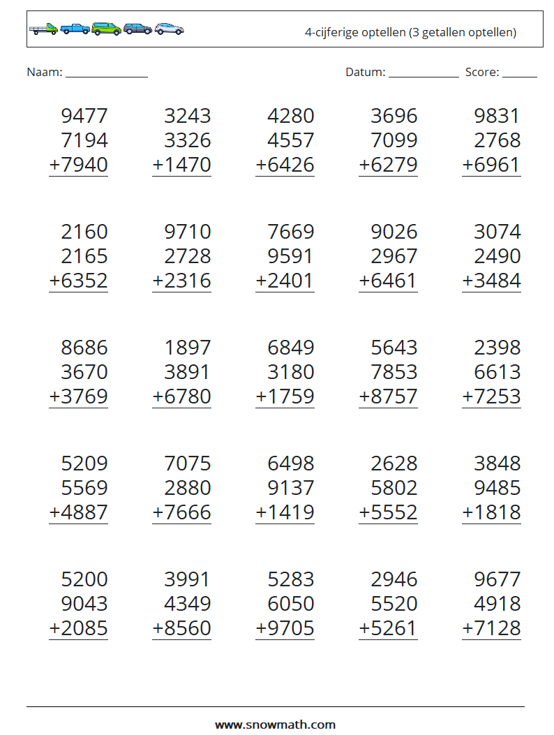 (25) 4-cijferige optellen (3 getallen optellen) Wiskundige werkbladen 15