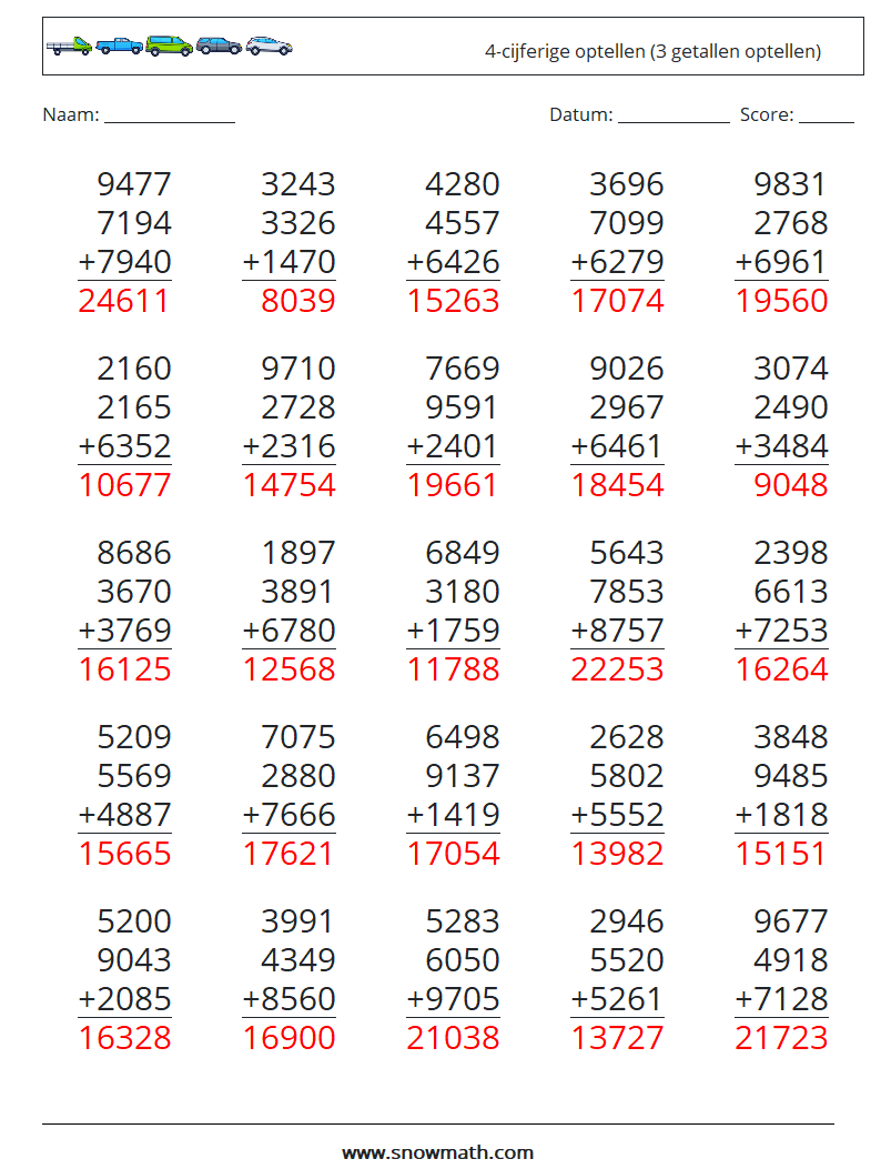 (25) 4-cijferige optellen (3 getallen optellen) Wiskundige werkbladen 15 Vraag, Antwoord