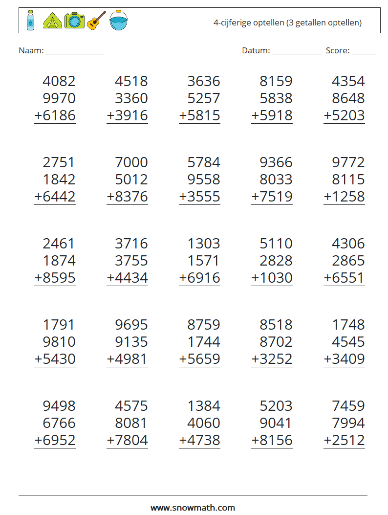 (25) 4-cijferige optellen (3 getallen optellen) Wiskundige werkbladen 16
