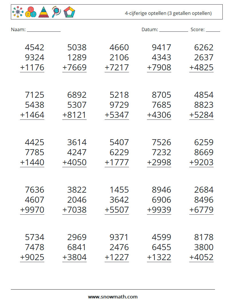 (25) 4-cijferige optellen (3 getallen optellen) Wiskundige werkbladen 17