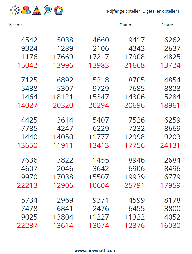 (25) 4-cijferige optellen (3 getallen optellen) Wiskundige werkbladen 17 Vraag, Antwoord