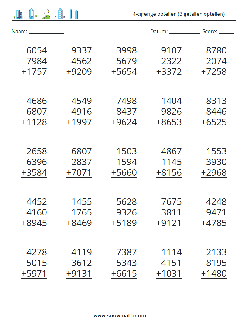 (25) 4-cijferige optellen (3 getallen optellen) Wiskundige werkbladen 18