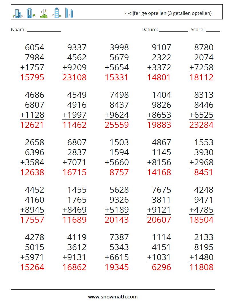 (25) 4-cijferige optellen (3 getallen optellen) Wiskundige werkbladen 18 Vraag, Antwoord