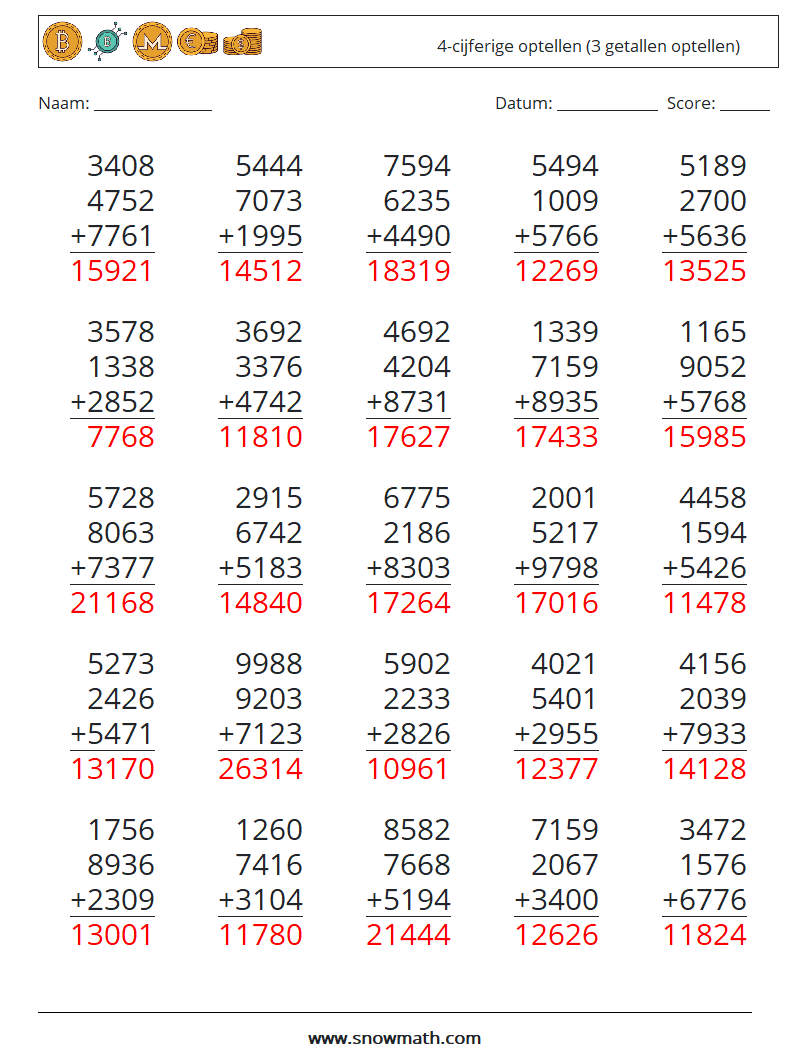 (25) 4-cijferige optellen (3 getallen optellen) Wiskundige werkbladen 1 Vraag, Antwoord