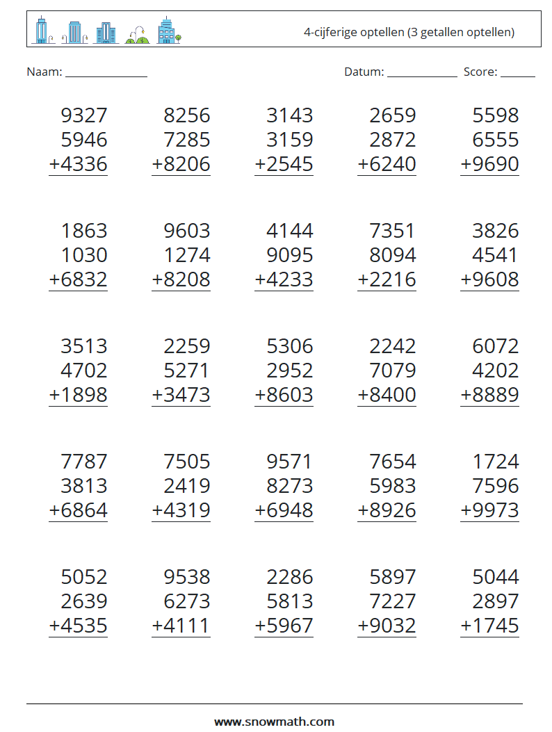 (25) 4-cijferige optellen (3 getallen optellen) Wiskundige werkbladen 2