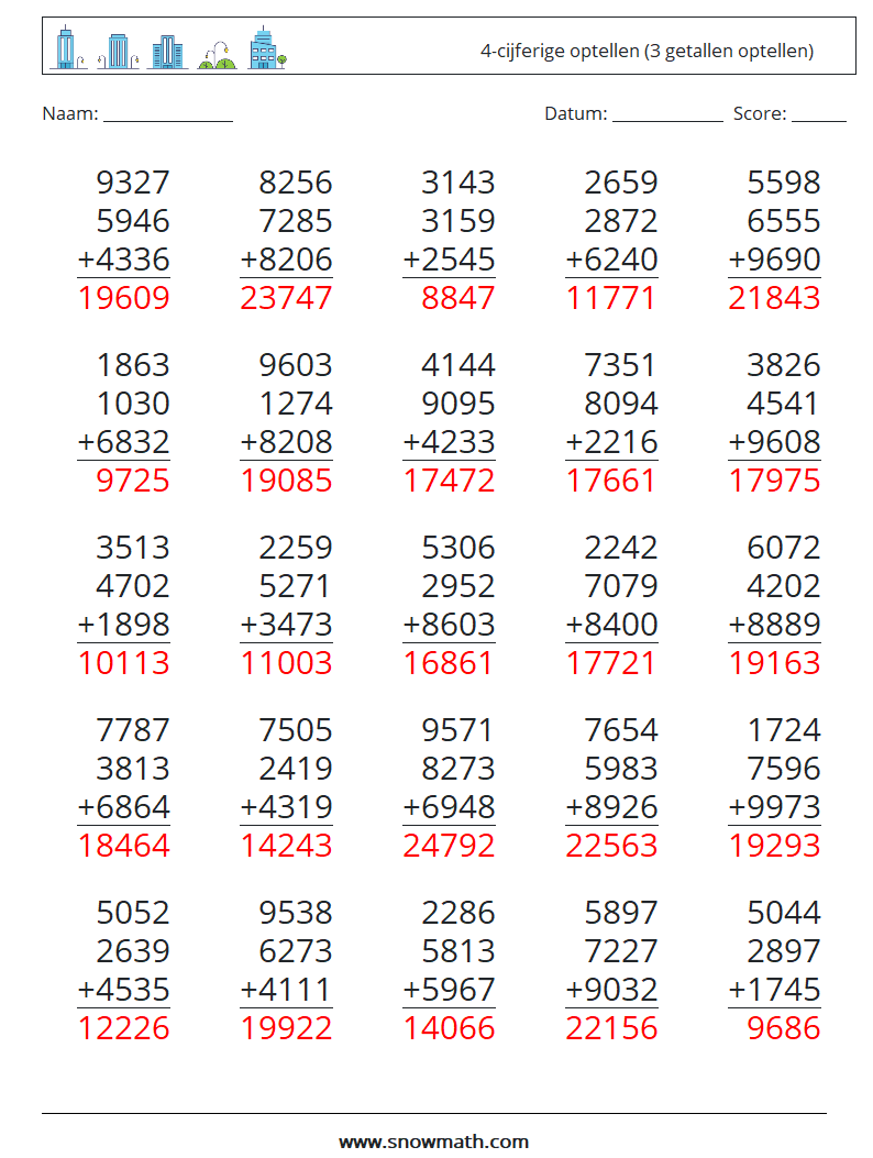 (25) 4-cijferige optellen (3 getallen optellen) Wiskundige werkbladen 2 Vraag, Antwoord