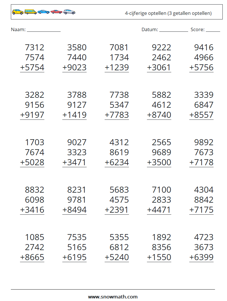 (25) 4-cijferige optellen (3 getallen optellen) Wiskundige werkbladen 3