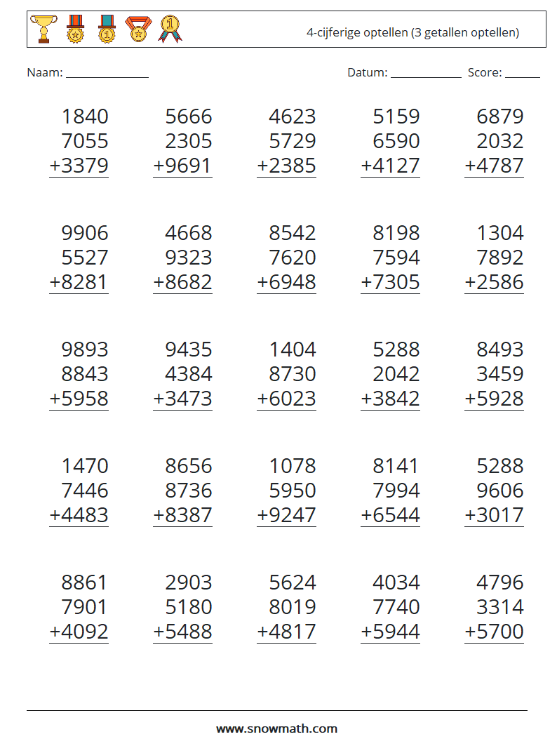 (25) 4-cijferige optellen (3 getallen optellen) Wiskundige werkbladen 4