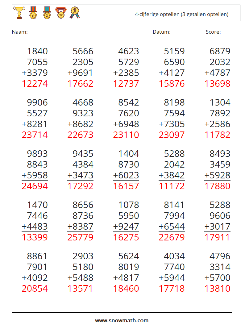 (25) 4-cijferige optellen (3 getallen optellen) Wiskundige werkbladen 4 Vraag, Antwoord