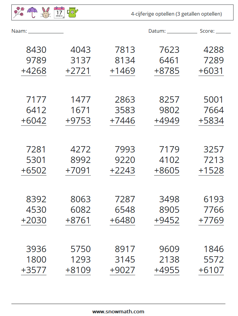 (25) 4-cijferige optellen (3 getallen optellen) Wiskundige werkbladen 5