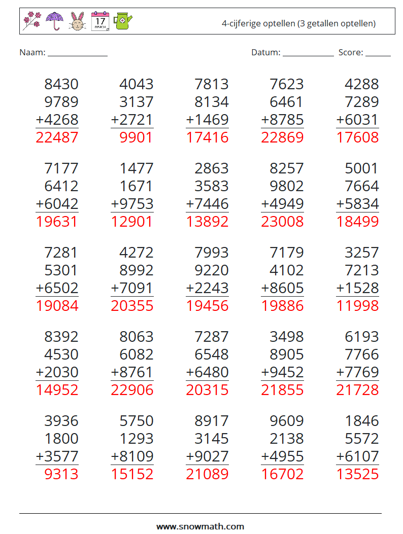 (25) 4-cijferige optellen (3 getallen optellen) Wiskundige werkbladen 5 Vraag, Antwoord