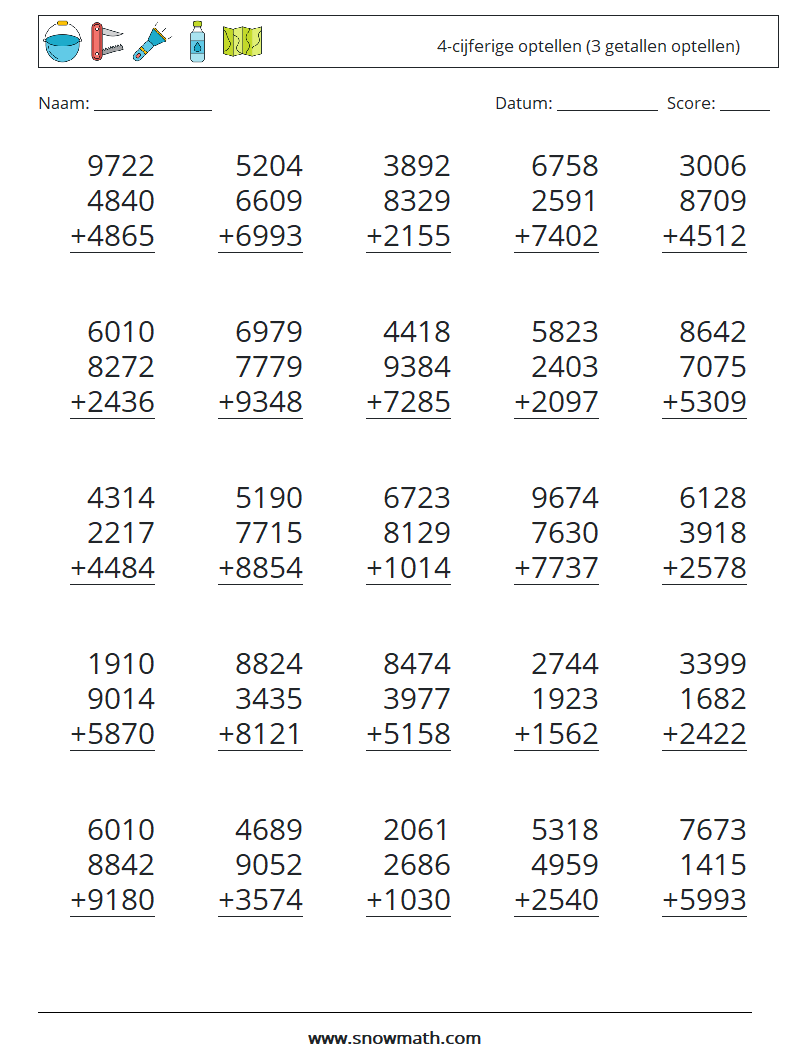(25) 4-cijferige optellen (3 getallen optellen) Wiskundige werkbladen 6