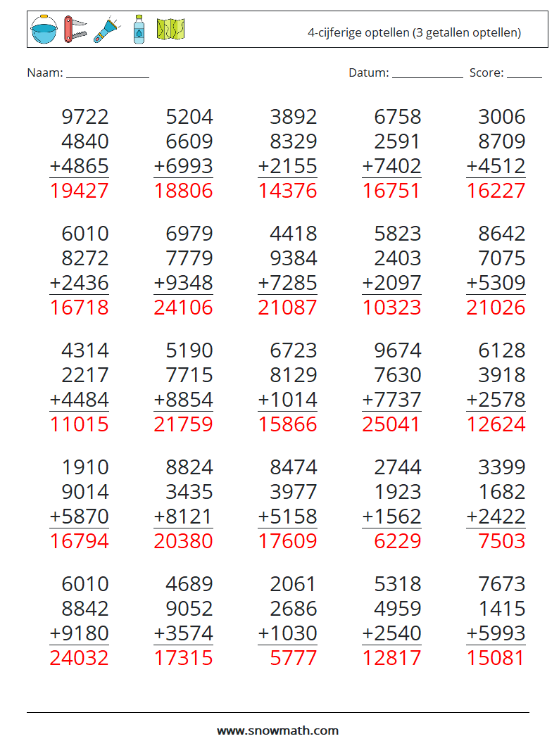 (25) 4-cijferige optellen (3 getallen optellen) Wiskundige werkbladen 6 Vraag, Antwoord